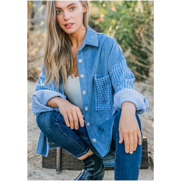 031 Cozy Corduroy Pockets Button Down Denim Jacket Shacket - Picture 12 of 12